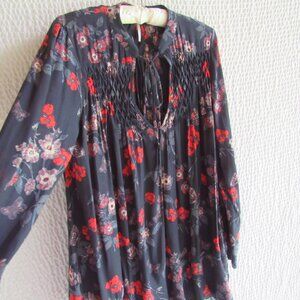 Free People Dress Tunic Top S M Gray Red Keyhole Unique Smocked Design Layered